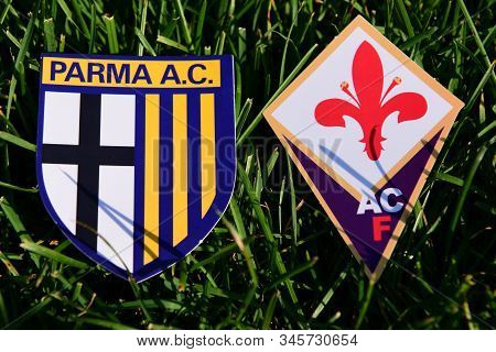 September 6, 2019, Turin, Italy. Emblems Of Italian Football Clubs Parma And Fiorentina Florence On 