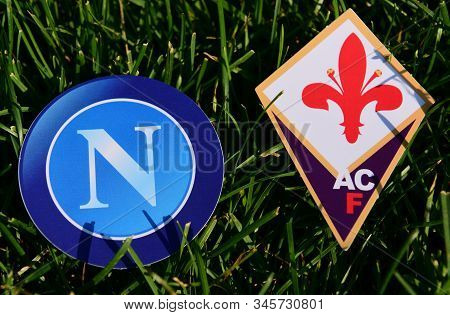 September 6, 2019, Turin, Italy. Emblems Of Italian Football Clubs Napoli Naples And Fiorentina Flor