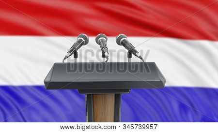 3d Illustration. Podium Lectern With Microphones And Netherlands Flag In Background