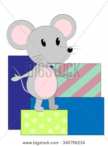 Vector Illustration With Mouse And Gifts. Cartoon Mouse Greeting Card.
