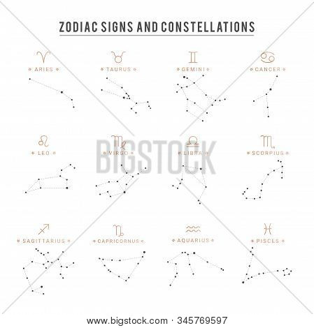 Zodiac Constellation. Collection Of 12 Zodiac Signs With Titles