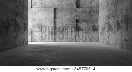 Abstract Empty, Modern Concrete Room With Sidelit Back Polygonal Cube Wall And Rough Floor - Industr