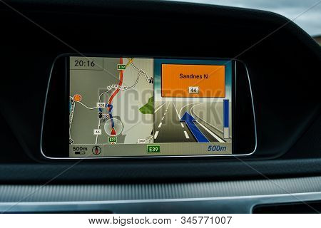 Editorial 09.02.2019 Stavanger Norway Car Navigator Display Showing To Take The Next Exit To Get To 