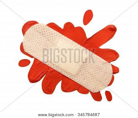Clay Blood Stain And Sticking Plaster Isolated On White, Top View