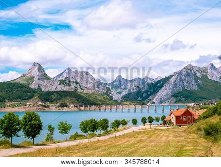 Reservoir In The Mountains Of Picos De Europa. Camino De Santiago, Ruta Vadiniense. Cantabrian, Rian