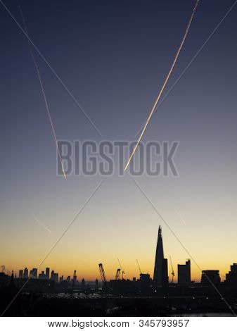 Epic Dawn Sunrise Landscape Cityscape Over London City Sykline Looking East Along River Thames