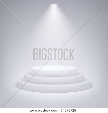 Round Podium Illuminated By Spotlight On Gray Background. Eps10 Vector Illustration