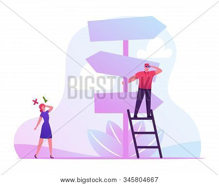 Business Challenge And Task Solution Choice Way Concept With Businessman And Businesswoman Stand On 