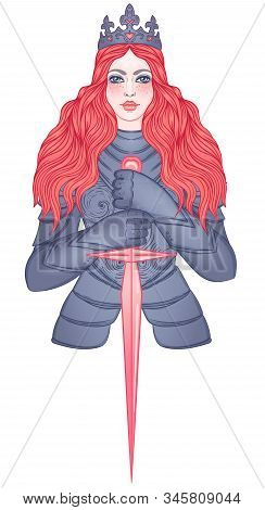Portrait Of Beautiful Girl With A Sword And Crown. Female Knight In Armour. Vector Illustration. Med