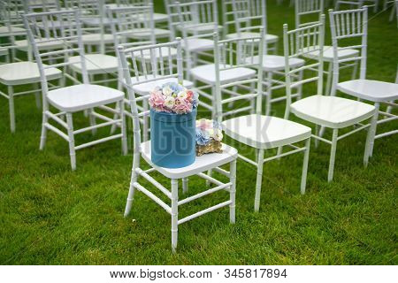 Chiavari Chairs On Grass. Diagonal Composition. Beautiful Lawn.
