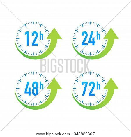 12, 24, 48, 72 Hours Clock Arrow. Work Time Effect Or Delivery Service Time. Vector Stock Illustrati