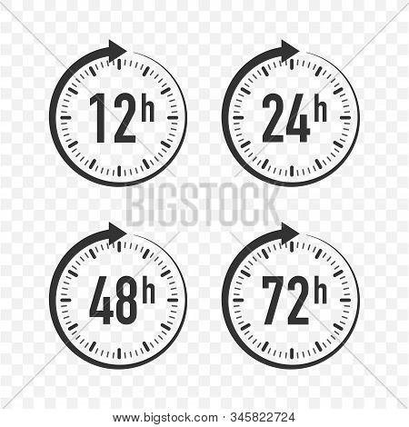 12, 24, 48, 72 Hours Clock Arrow. Work Time Effect Or Delivery Service Time. Vector Stock Illustrati