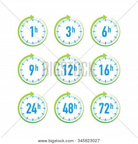 12, 24, 48, 72 Hours Clock Arrow. Work Time Effect Or Delivery Service Time. Vector Stock Illustrati