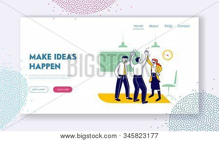 Successful Project Deal Website Landing Page. Business Colleagues Giving Highfive In Office. Victory