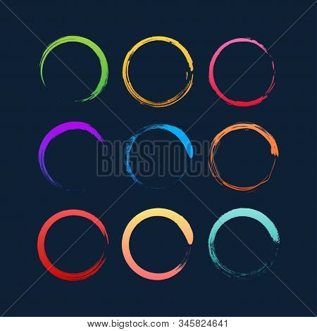 Set Of Colorful Grunge Circle Brush. Vector Stock Illustration.