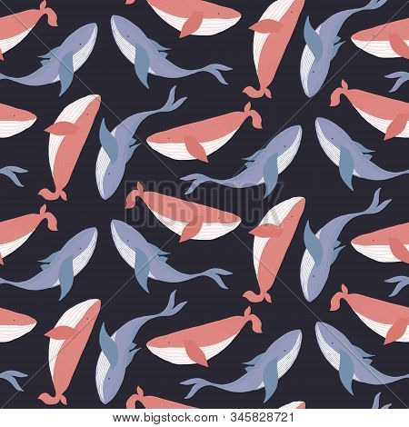 Tender Dark Seamless Pattern With Coral Pink And Blue Hand Drawn Whales On Sea Background. Cute Hand