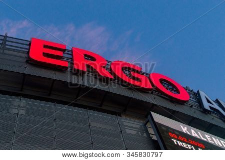 Sopot, Poland - January 16, 2020: Red Ergo Sign At Ergo Arena Sports And Entertainment Hall At Sunse