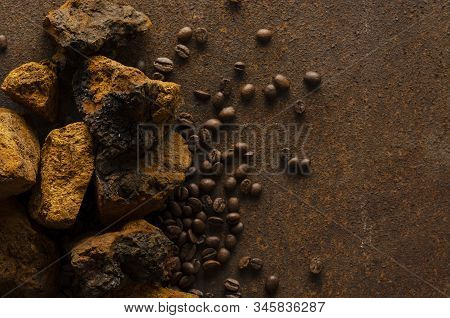 Mushroom Chaga Coffee Mushrooms And Coffee Beans On Dark Background