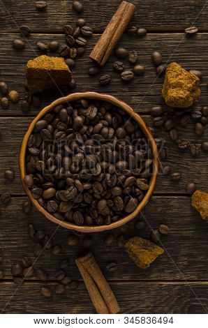 Mushroom Chaga Coffee Mushrooms And Coffee Beans On Dark Background