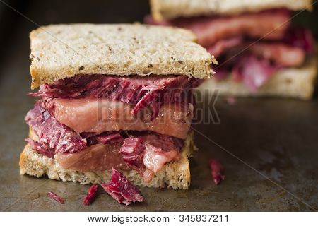 Close Up Of Rustic American Reuben Corned Beef Sandwich