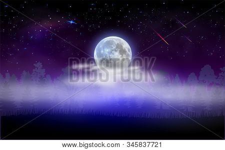 Forest Land Scape With Full Moon Hidden By Clouds. Magical Starry Night. Vector Illustration.