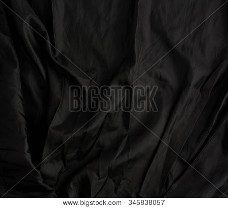Texture Of Black Cotton Fabric With Waves, Full Frame, Fabric For Sewing Clothes, Shirts. Design Ele