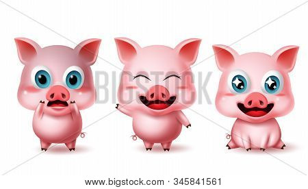 Pig Animal Characters Vector Set. Pigs Character 3d Avatar Emoji In Surprise, Happy, Excited, Standi