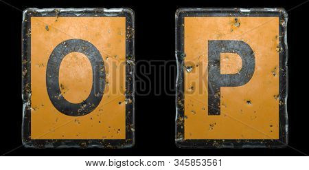 Capital letter set O, P made of public road sign orange and black color on black background. 3d rendering