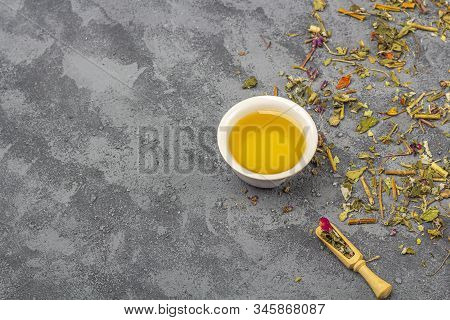 Assortment Of Different Grade Dry Te Aleaf In Wooden Spoon And Cup Of Green Tea. Organic Herbal, Gre
