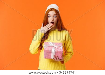 Girl Surprised Didnt Expact Gift From You. Amused And Startled Cute Redhead Girlfriend Open Mouth, C