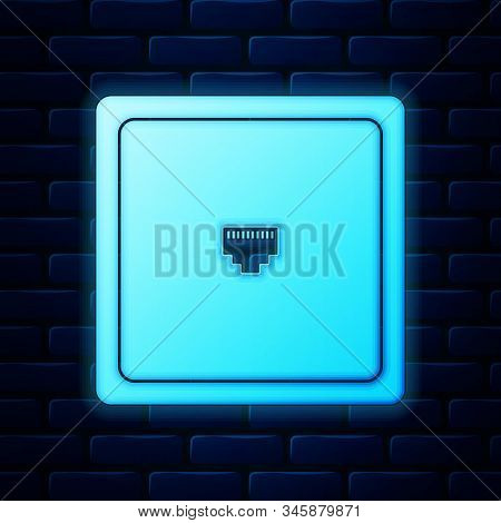 Glowing Neon Ethernet Socket Sign. Network Port - Cable Socket Icon Isolated On Brick Wall Backgroun