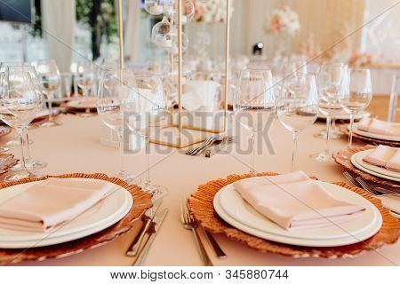 Settings Dishware On Table Closeup Photography. Napkin On White Plates For Delicious Meal, Two Types