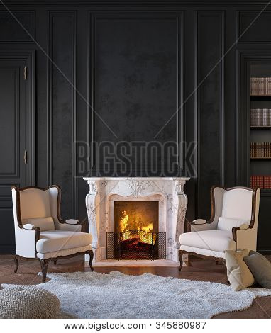 Classic Black Interior With Fireplace, Armchairs, Moldings, Wall Pannel, Carpet, Fur. 3d Render Illu