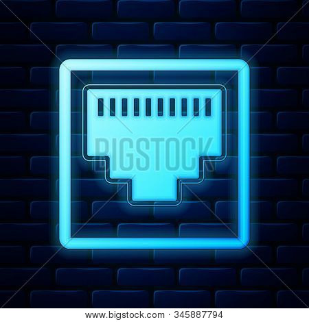 Glowing Neon Network Port - Cable Socket Icon Isolated On Brick Wall Background. Lan Port Icon. Ethe