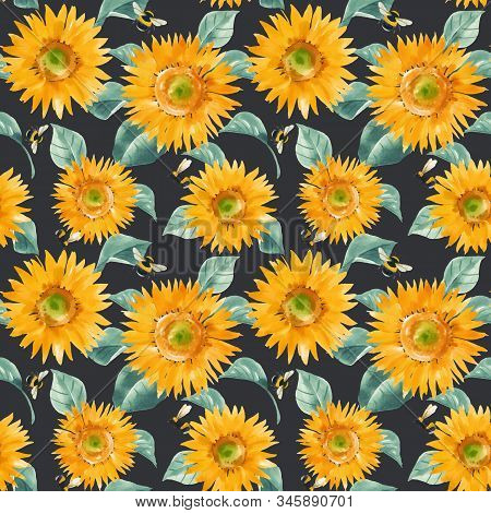 Beautiful Vector Seamless Pattern With Watercolor Hand Drawn Sunflowers. Stock Summer Illustration.