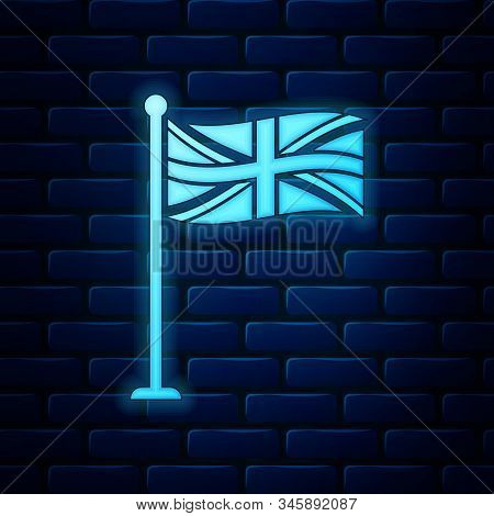 Glowing Neon Flag Of Great Britain On Flagpole Icon Isolated On Brick Wall Background. Uk Flag Sign.