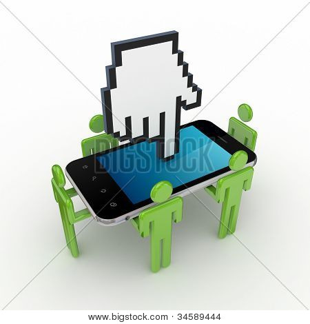 3D små människor, mobiltelefon och stora markören.