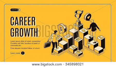 Career Growth Isometric Landing Page, Businessmen Going Upstairs By Column Chart With Trophy Goblet 