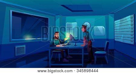 Interrogation Of Criminal In Police Station, Policeman Interviewing Suspect Man Sitting In Dark Room