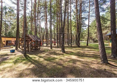 Wooden Camping Arbors  With All Conviniences In A Pine Forest