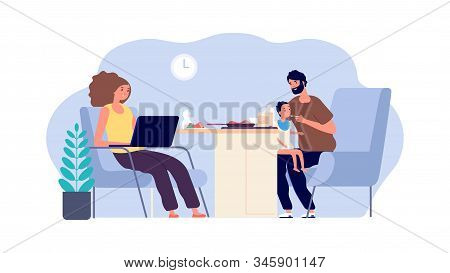Family Together. Mother, Father And Baby. Dad With Little Son And Working Mom. Parenthood Vector Ill