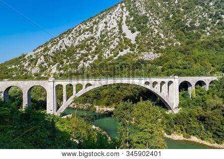 Solkan bridhe on the River Soca, Slovenia