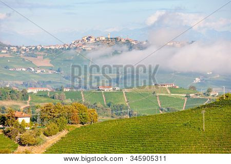 View of the village of Serralunga d`Alba and the wonderful Langa, italy