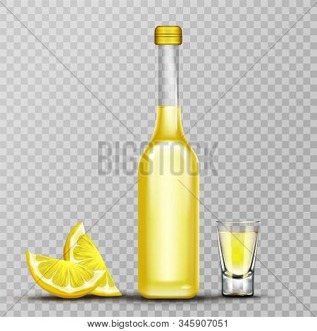 Bottle, Shot Glass And Lemon Slices, Tequila Or Lemoncello Drink, Glass Flask With Gold Liquid Mock 