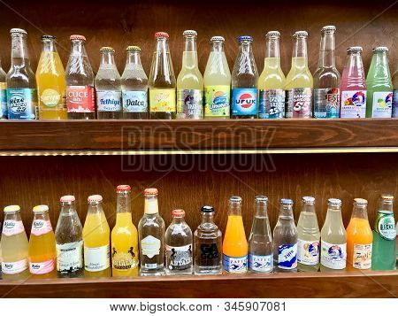Istanbul, Turkey - February 23, 2018: Turkish Traditional Soda Bottle Collection / Gazoz For Sale.