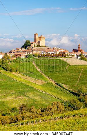 View of the village of Serralunga d`Alba and the wonderful Langa, italy