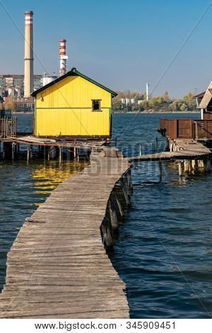 cottages on the piers, Bokodi-to in northern Hungary
