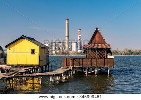 cottages on the piers, Bokodi-to in northern Hungary