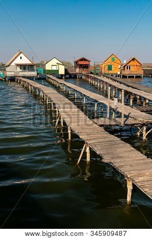 cottages on the piers, Bokodi-to in northern Hungary