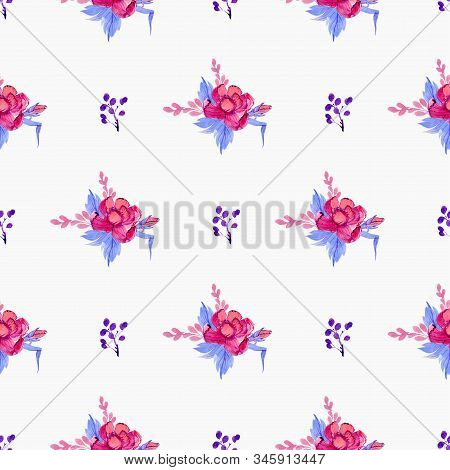 Floral Pattern Of Pink And Purple Elements On A White Background. Branch Of Blueberry, Roses, Buds, 
